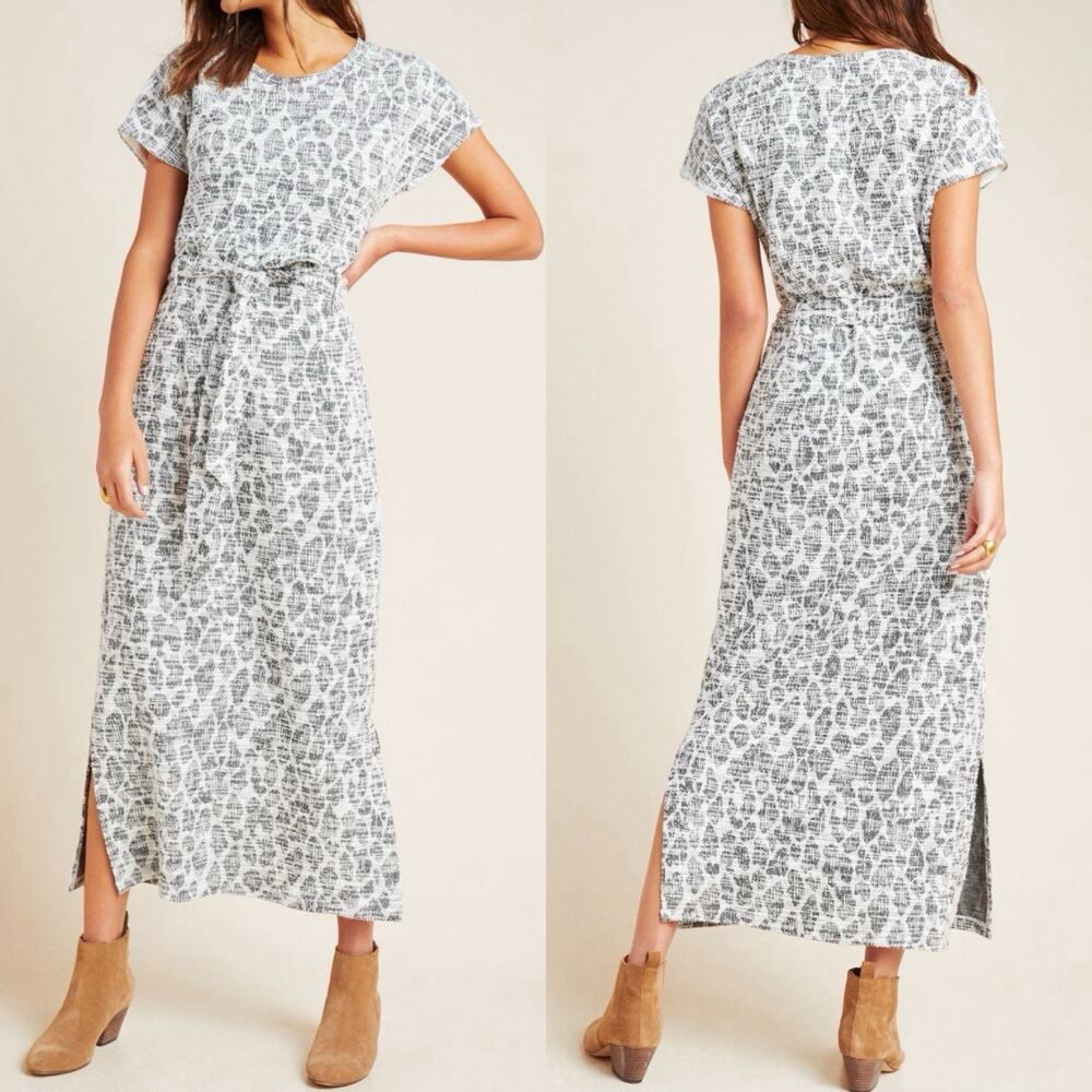 Anthropologie Dolan Taleen Belted Textured Midi Dress Womens XS Black White Slit